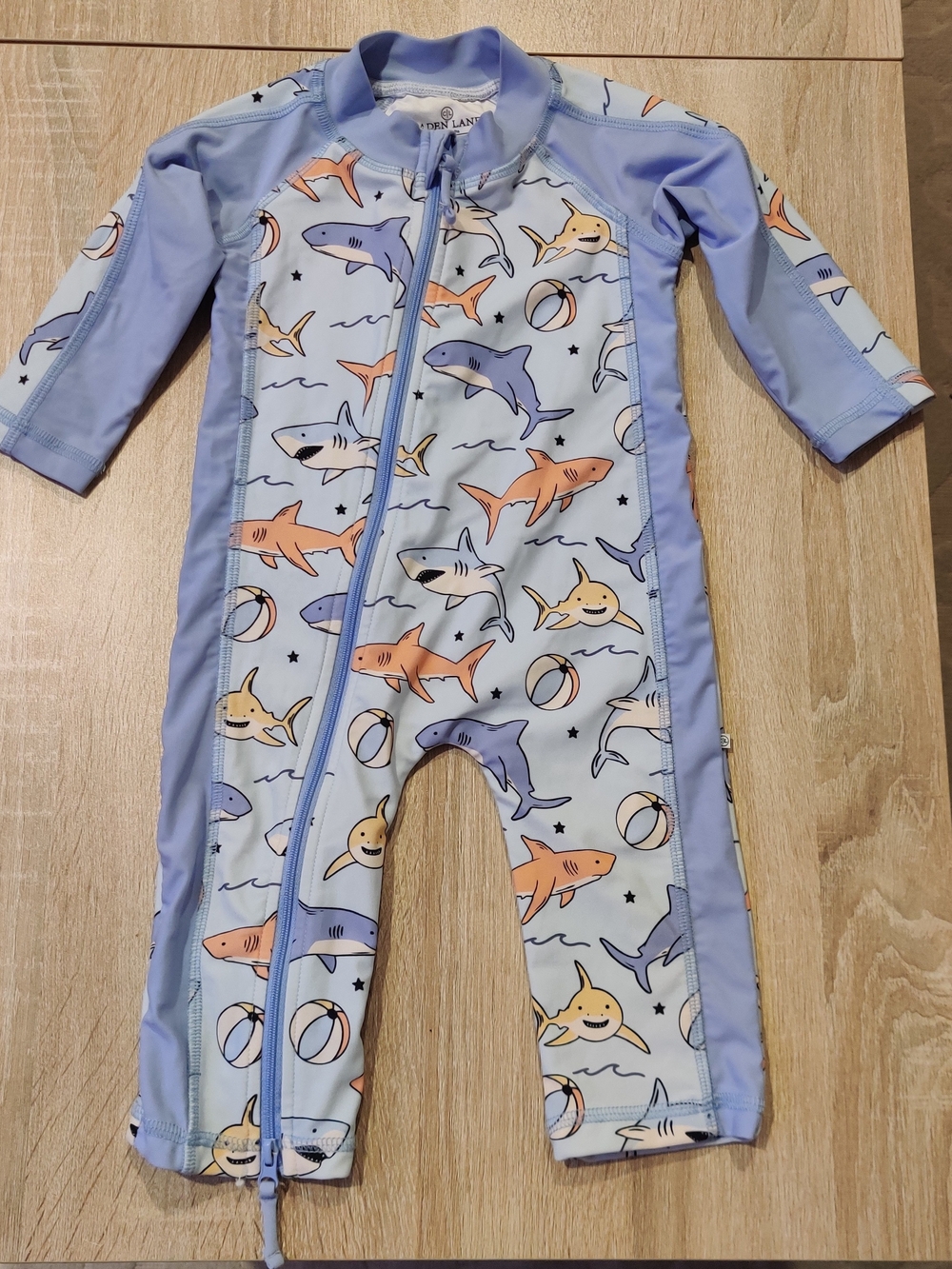 Caden Lane Light Blue Shark Print Zip Up Swim One-Piece 3-6mo